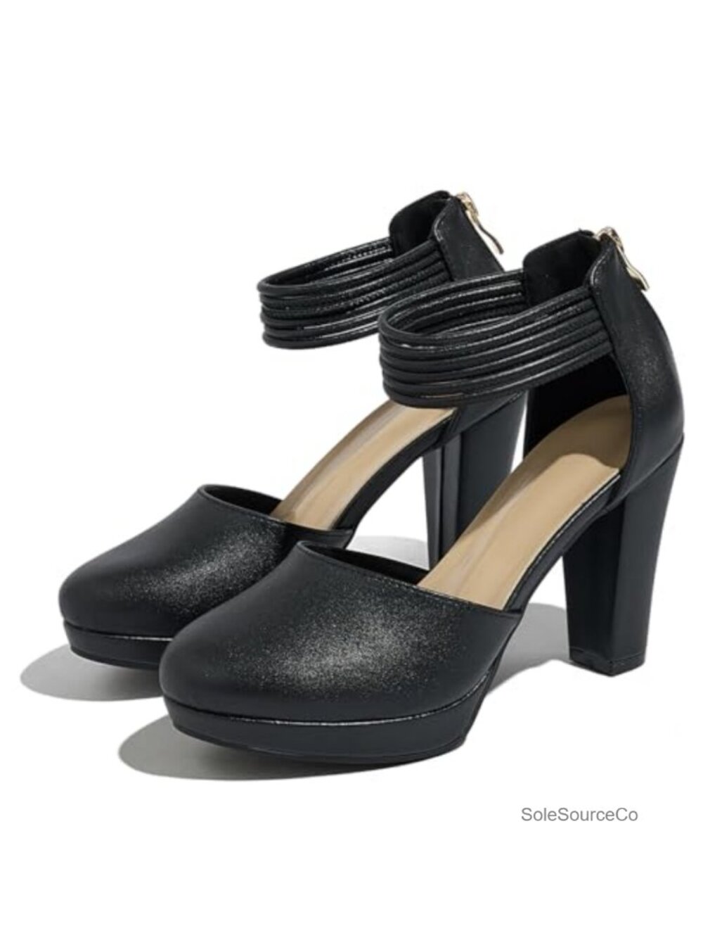 Women's High Block Heel Pumps Round Toe PU Faux Leather Ankle Strap